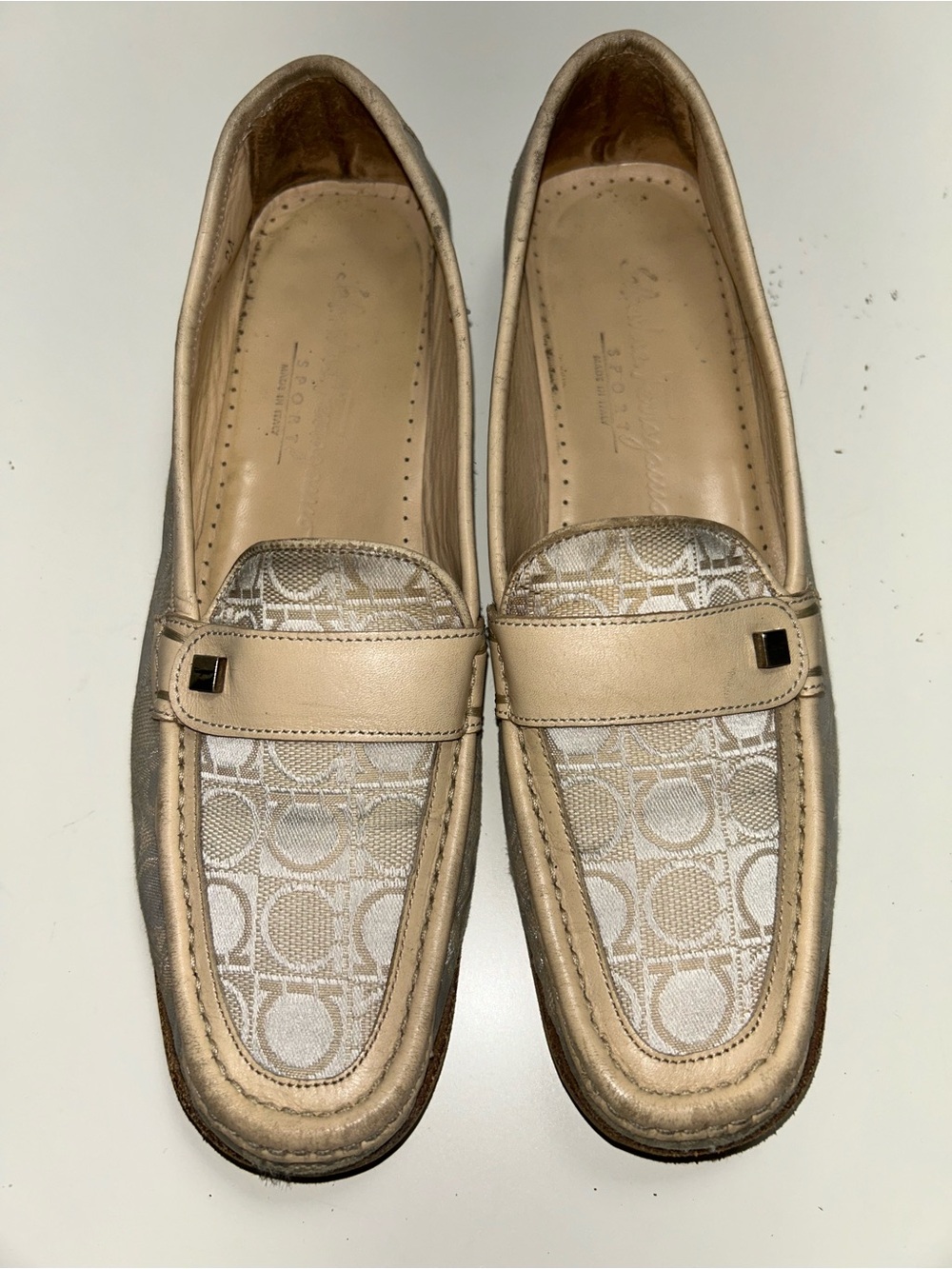 Salvatore Ferragamo Tan Beige Logo Canvas Leather Slip On Flat Loafer